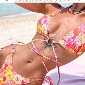 Lace-Up Floral  Print Bikini Two-Piece Swimsuit Sz Medium